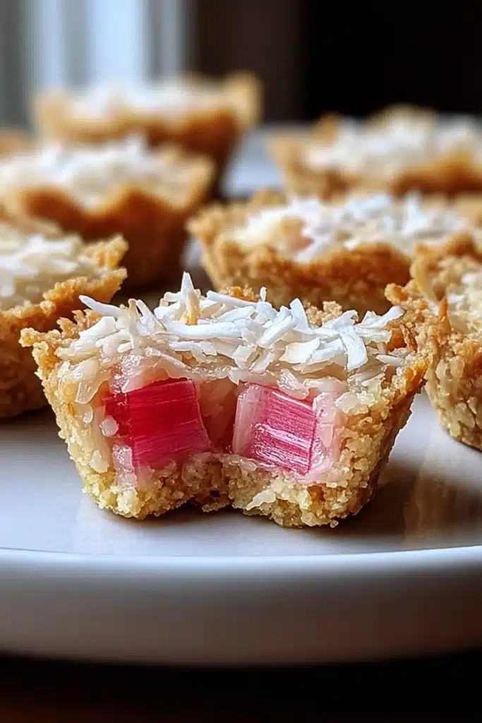Rhubarb Coconut Macaroon Tarts with golden crust and pink rhubarb filling