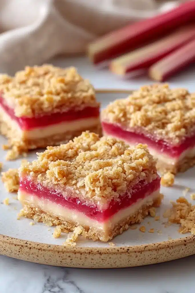 Rhubarb Cream Cheese Bars with crumb topping and creamy layers