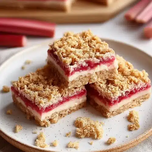 Rhubarb cream cheese bars with crumb topping on a rustic plate