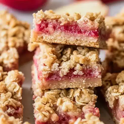 Close-up rhubarb crumble bars with golden topping and pink filling