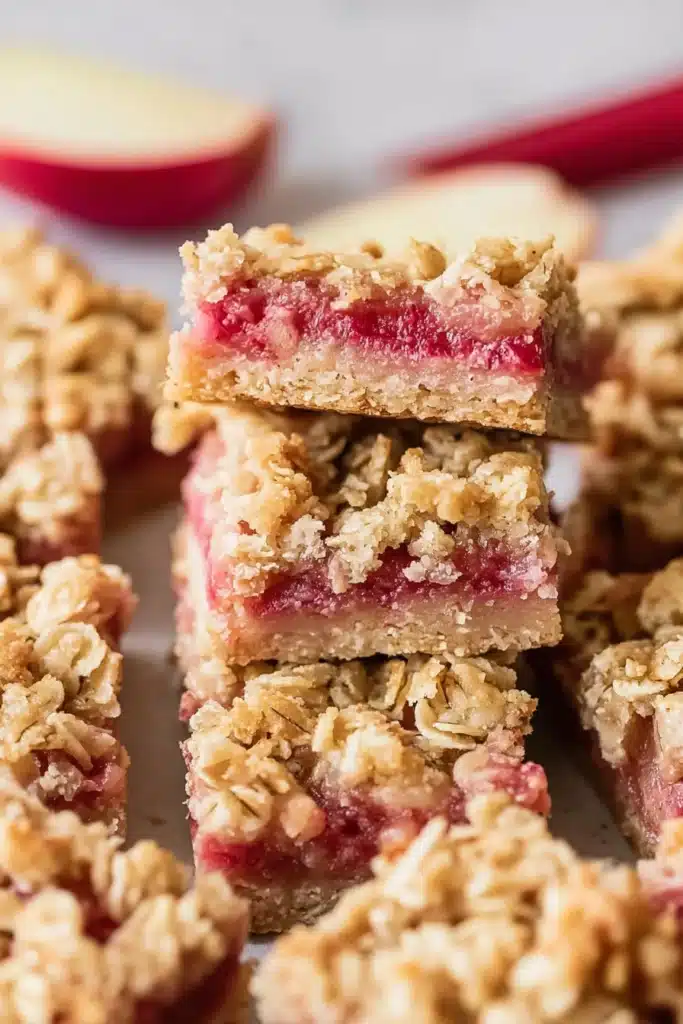 Close-up rhubarb crumble bars with golden topping and pink filling