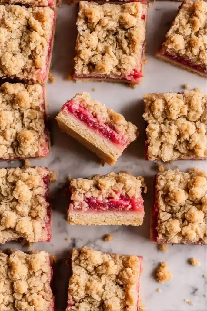 Rhubarb crumble bars with golden oat topping and pink filling on marble surface