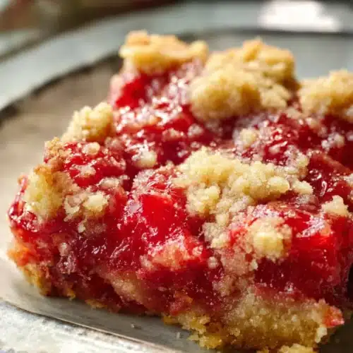 Rhubarb dessert with jello and crumb topping on plate