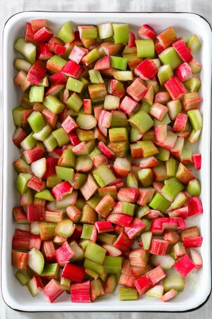 Chopped rhubarb for Rhubarb Dessert Recipe with Jello