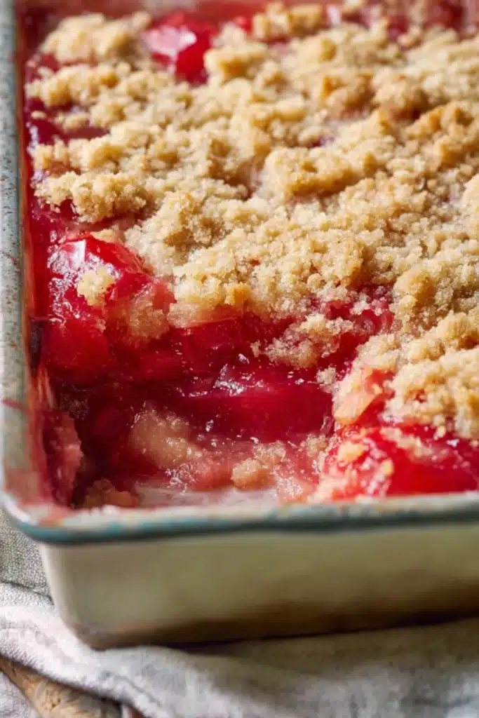 Rhubarb Dessert Recipe with Jello baked in pan with crumb topping