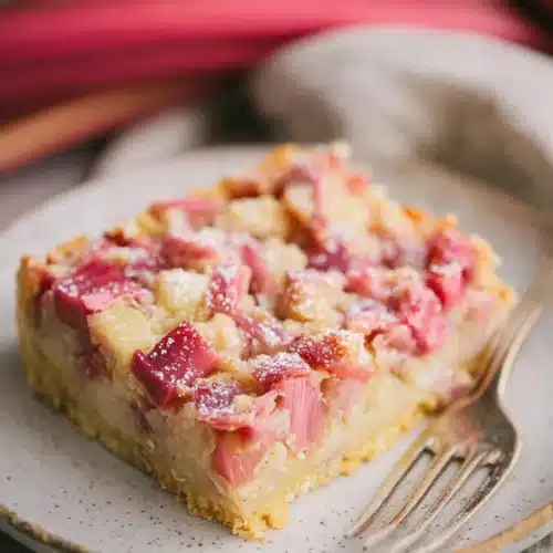 Rhubarb Dream Bars 4 Rhubarb Dream Bars with buttery crust and creamy filling topped with fresh rhubarb pieces
