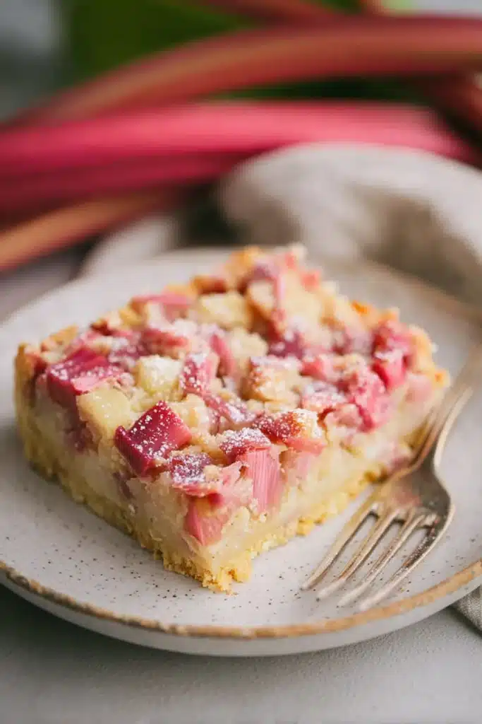 Rhubarb Dream Bars 1 Rhubarb Dream Bars with buttery crust and creamy filling topped with fresh rhubarb pieces