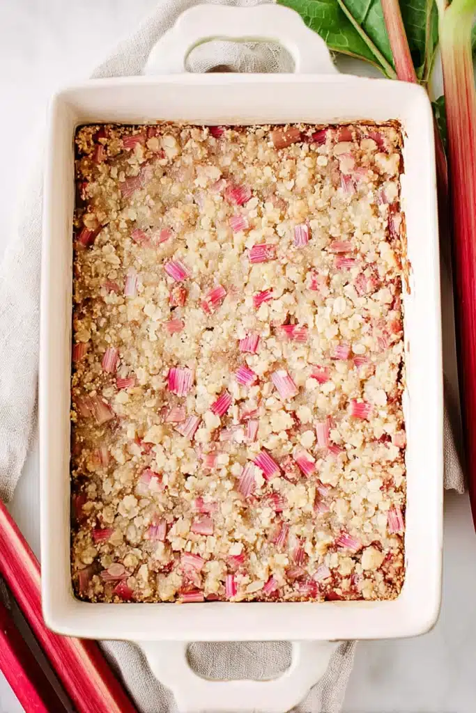 Rhubarb Dream Bars 3 Rhubarb Dream Bars baked in pan with golden crust and crumbly topping