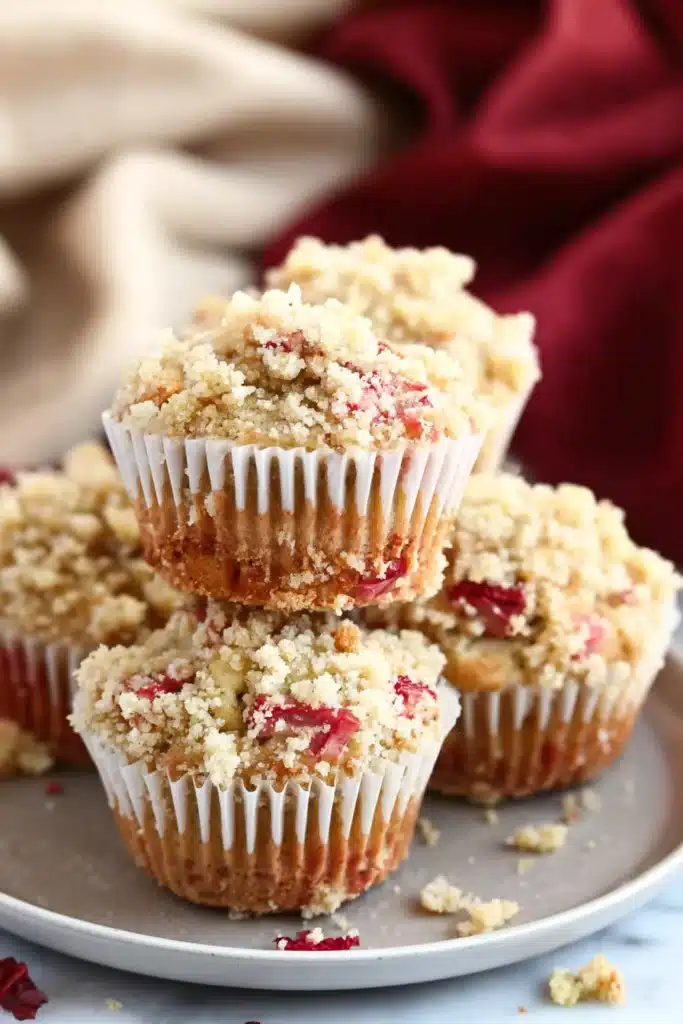 Rhubarb Muffins with crumb topping stacked on plate