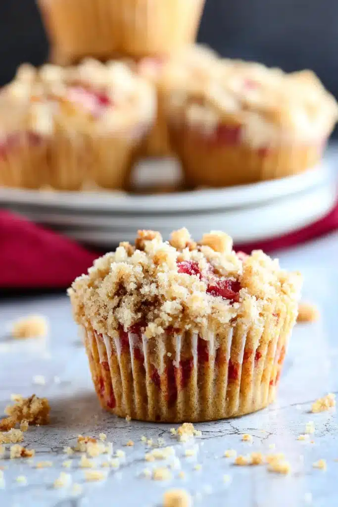 Rhubarb muffins with streusel topping on marble surface close-up