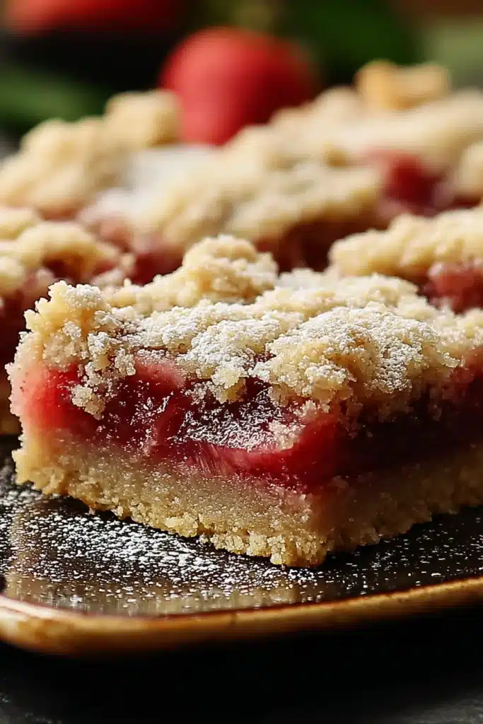 Rhubarb shortbread bars with crumb topping and powdered sugar close-up