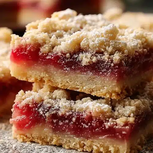 Rhubarb shortbread bars with crumb topping and powdered sugar close-up