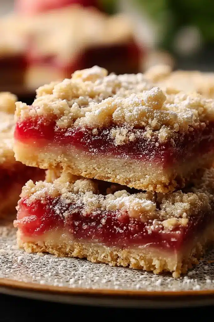 Rhubarb shortbread bars with crumb topping and powdered sugar close-up
