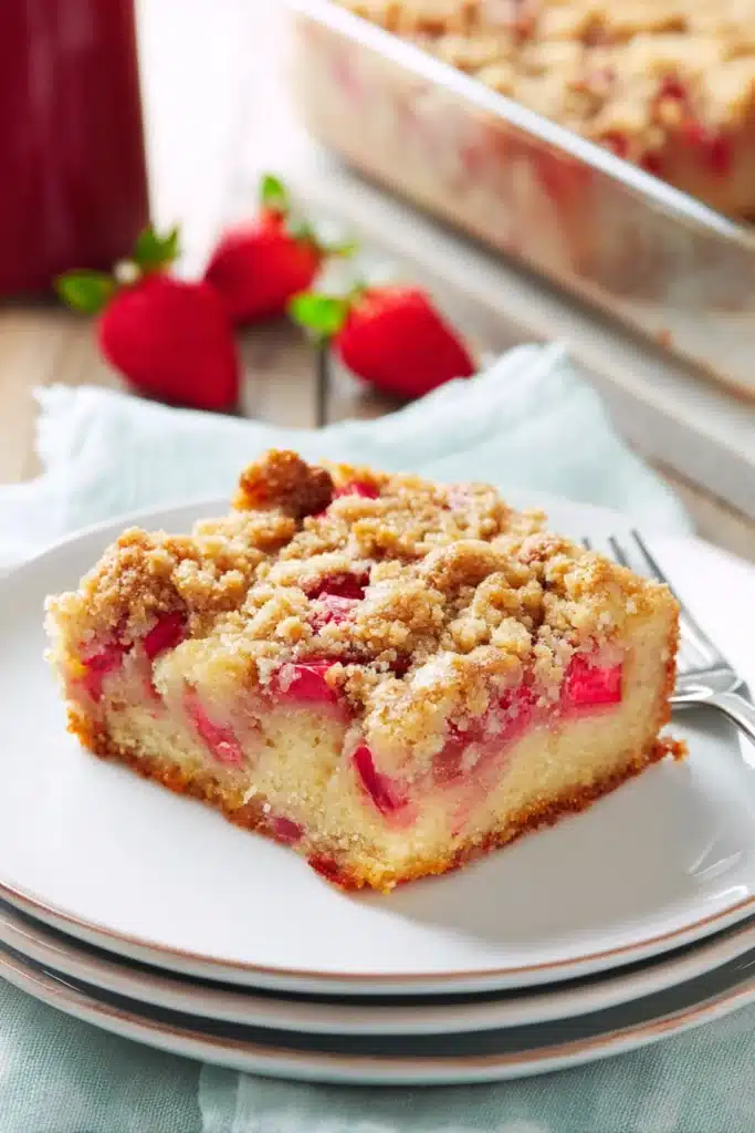 Rhubarb streusel cake slice with crumb topping on white plate