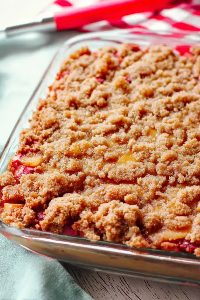 Rhubarb Streusel Cake close-up showing moist texture and crumb detail
