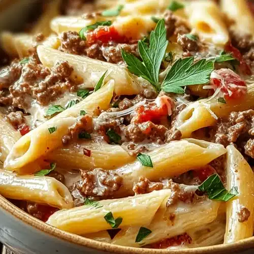 creamy Rotel pasta with ground beef in a bowl with cheese and herbs