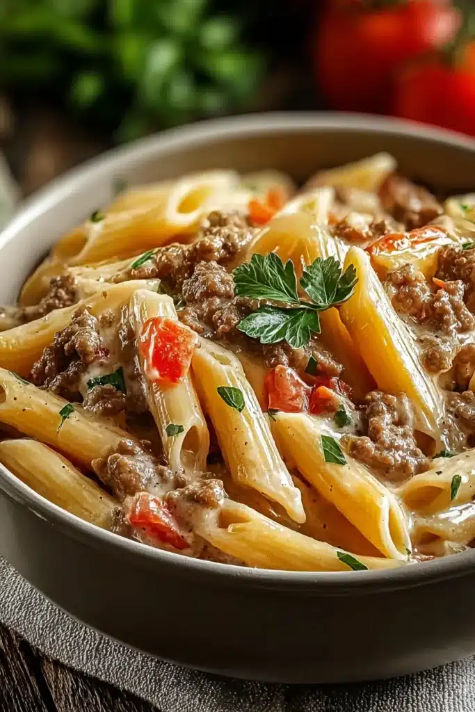 Rotel Pasta with Ground Beef creamy penne with cheese and tomatoes