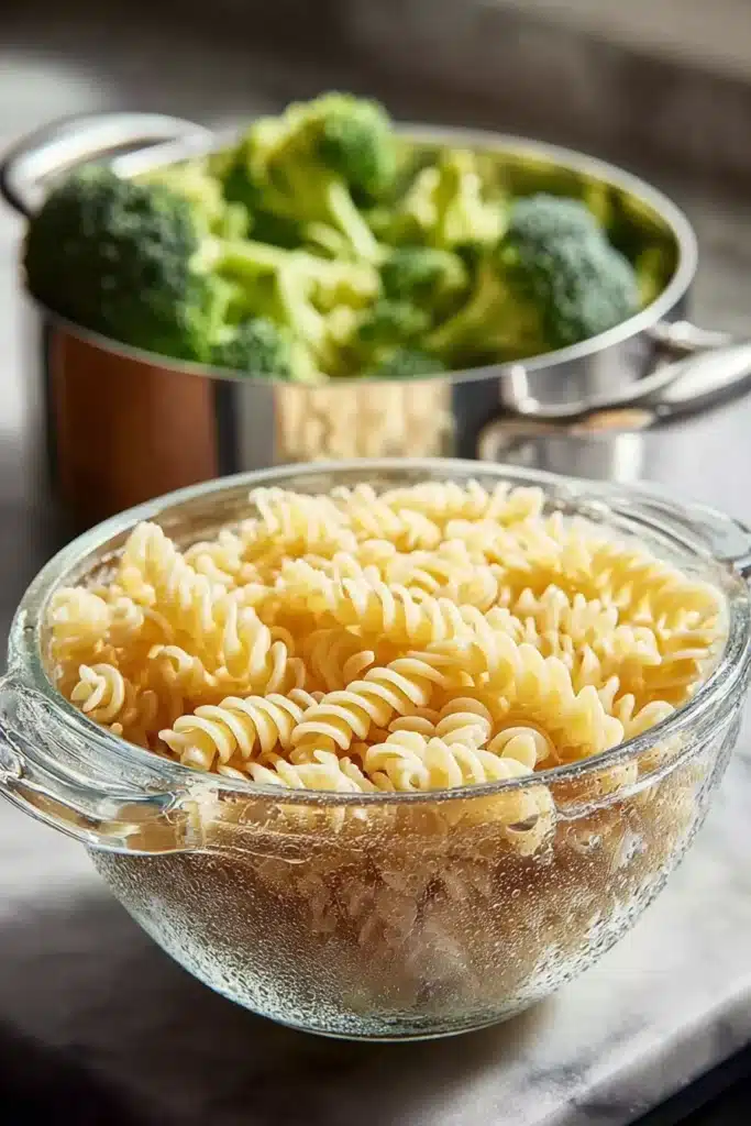 Rotisserie Chicken Broccoli Pasta: Creamy, Quick, and Perfect for Busy Lunches 2 rotisserie chicken broccoli pasta ingredients with rotini and fresh broccoli