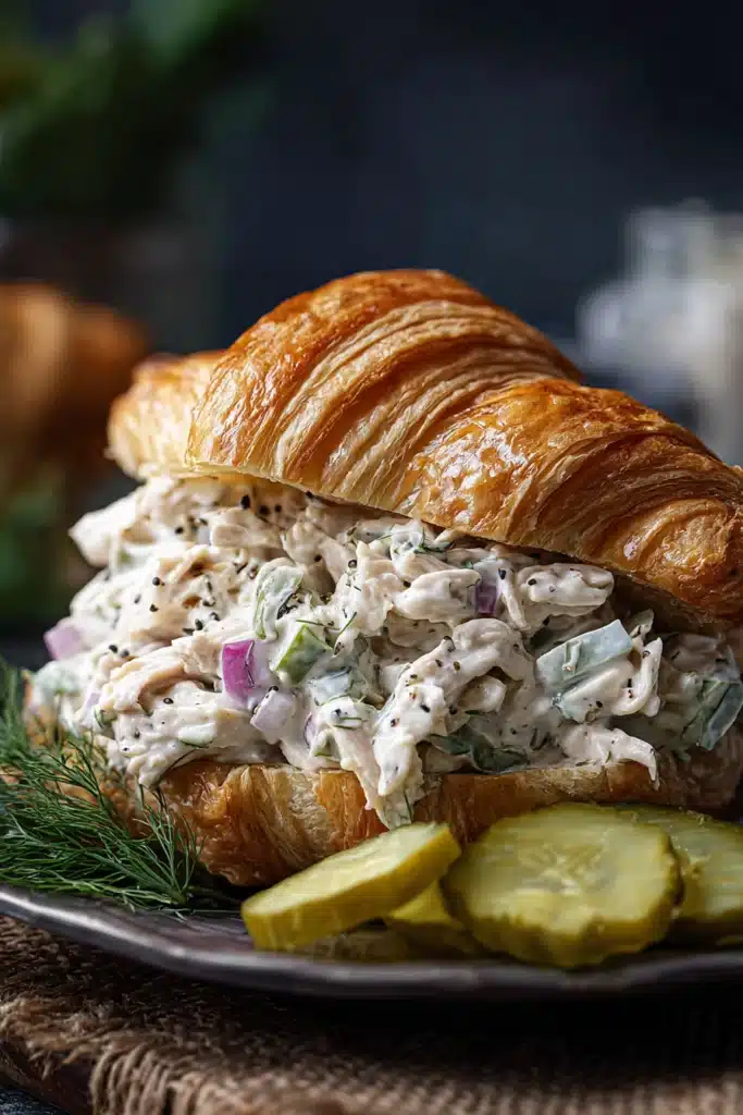 savory dill pickle chicken salad croissant sandwich with creamy filling
