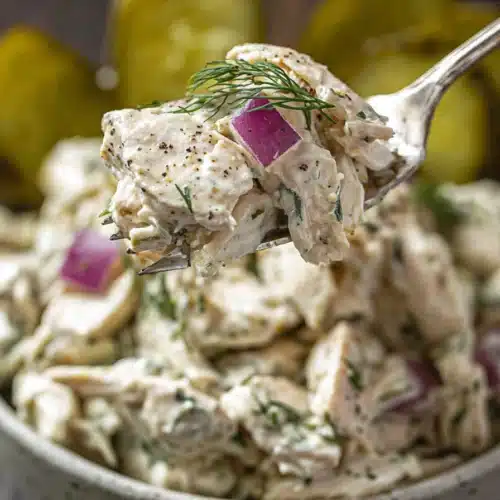 creamy dill pickle chicken salad with shredded chicken and red onions on spoon