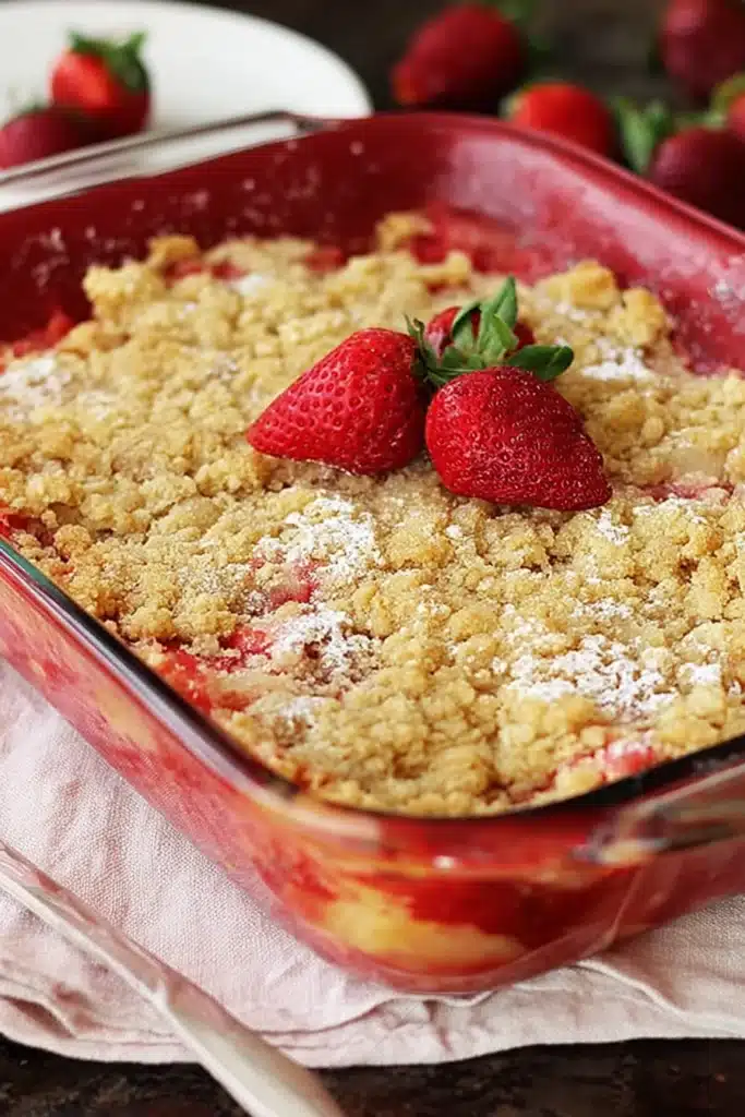 Strawberry Rhubarb Dump Cake 3 Baked Strawberry Rhubarb Dump Cake with golden crumb topping and fresh strawberries