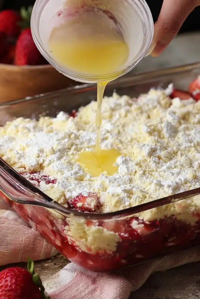 Strawberry Rhubarb Dump Cake 2 Strawberry Rhubarb Dump Cake with melted butter poured over cake mix