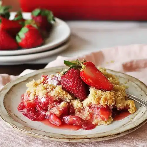 Strawberry Rhubarb Dump Cake 4 Strawberry rhubarb dump cake with crumb topping and fresh strawberries on plate