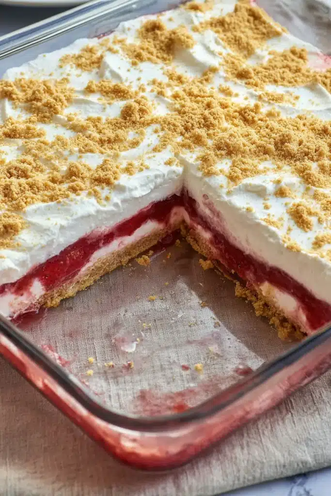 Strawberry Rhubarb Pudding Dessert 2 Strawberry Rhubarb Pudding Dessert layers in baking dish with creamy topping