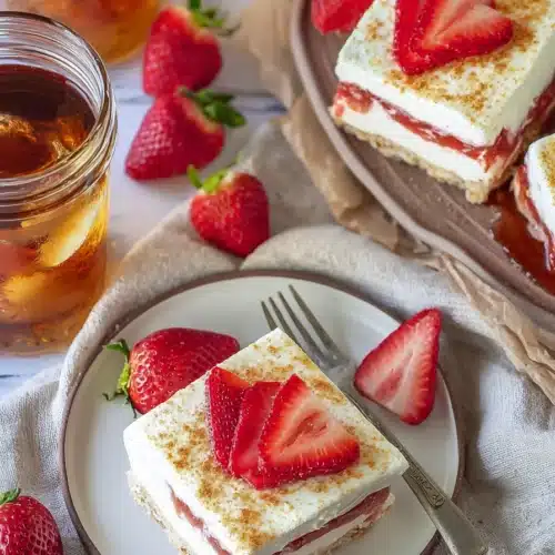 Strawberry Rhubarb Pudding Dessert 3 Strawberry rhubarb pudding dessert bars with creamy topping and fresh strawberry garnish