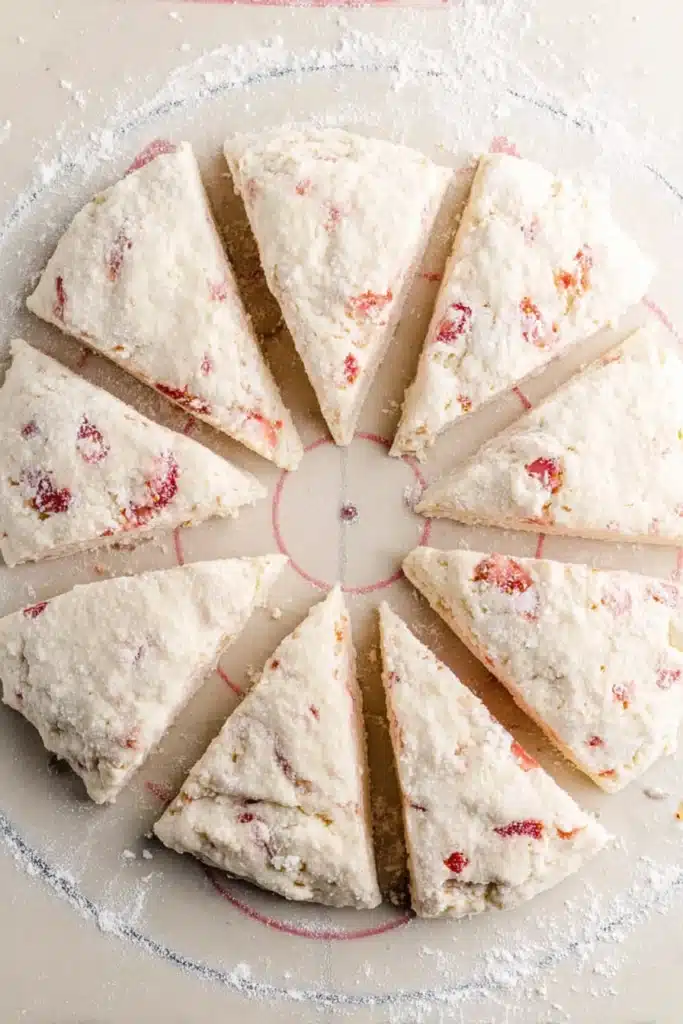 Strawberry Rhubarb Scones dough cut into wedges before baking