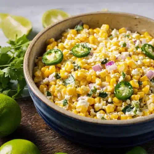 Street corn salad with creamy dressing, cilantro, cheese, and lime in a bowl