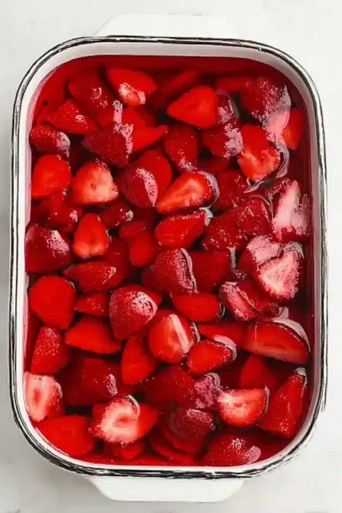 Summer Berry Jello Lasagna strawberry jello layer with fresh sliced strawberries