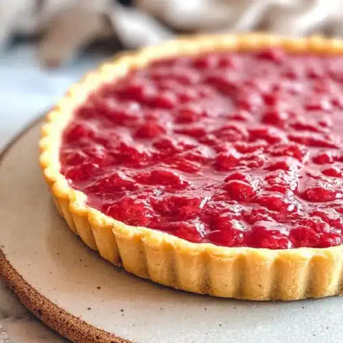 Sweet Rhubarb Custard Tart 3 Sweet rhubarb custard tart with glossy red filling and golden crust on marble surface