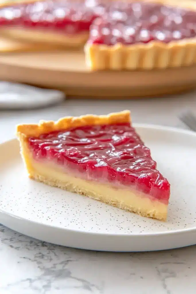 Sweet Rhubarb Custard Tart 2 Sweet Rhubarb Custard Tart slice with creamy layers and glossy rhubarb topping