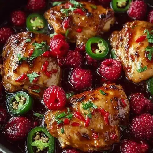 Sweet and spicy raspberry chicken with glazed sauce, fresh raspberries, and jalapeño slices in skillet