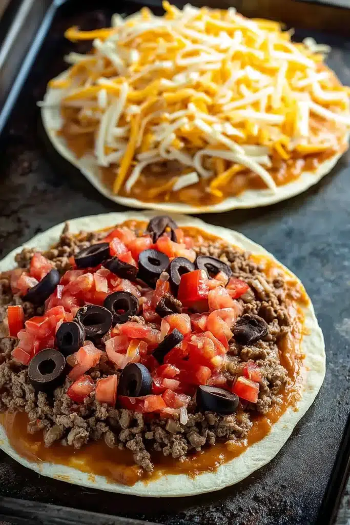 Taco Bell Mexican Pizza layering tortillas with beef beans and cheese