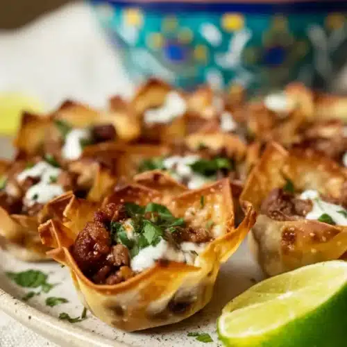Taco Ranch Bites with crispy shells, beef filling, and creamy ranch topping