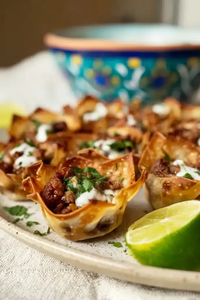 Taco Ranch Bites with crispy shells, beef filling, and creamy ranch topping