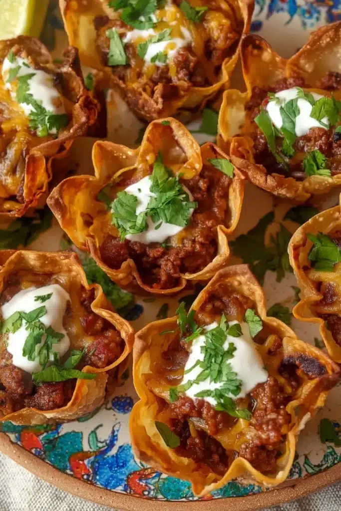 Crispy taco ranch bites with beef, cheese, and creamy sauce on a rustic plate
