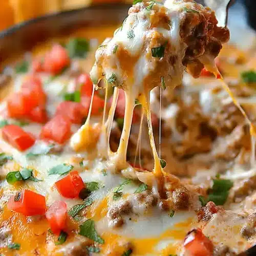 Texas Trash Dip with stretchy melted cheese being scooped from skillet