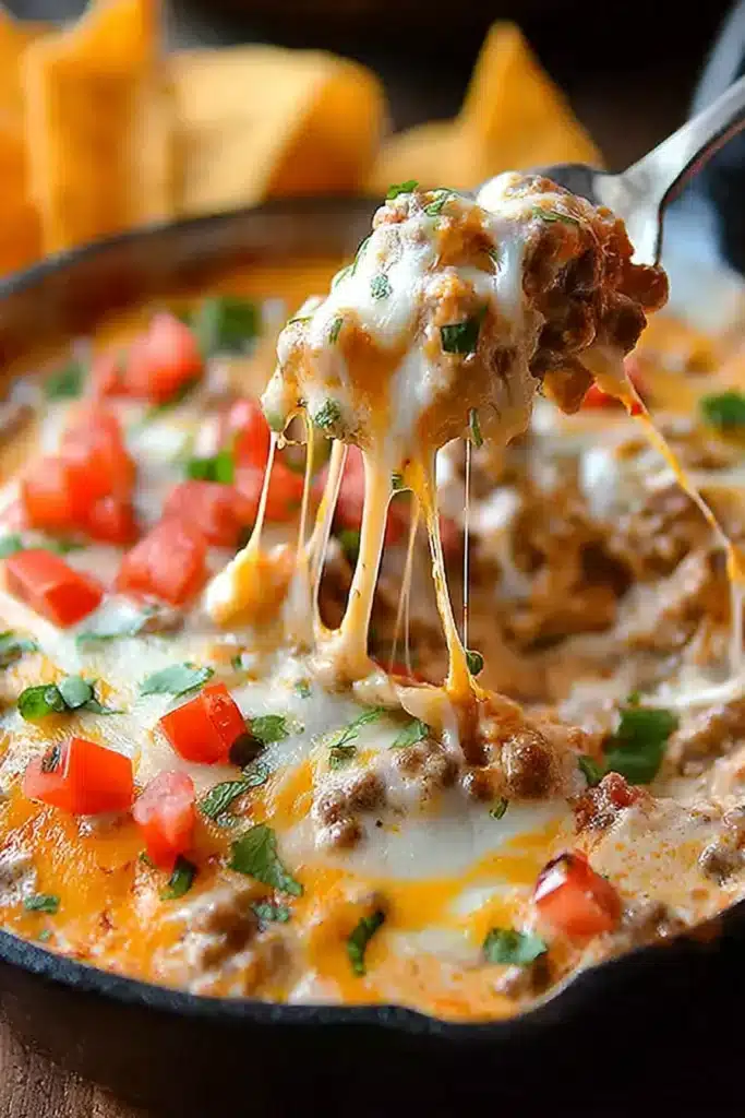 Texas Trash Dip with stretchy melted cheese being scooped from skillet