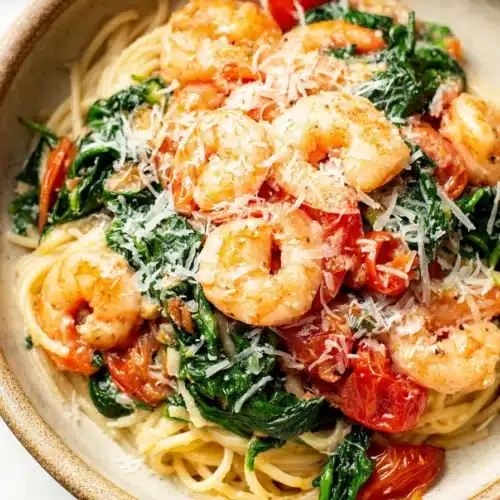 Tomato spinach shrimp pasta with parmesan, cherry tomatoes, and fresh spinach in a bowl
