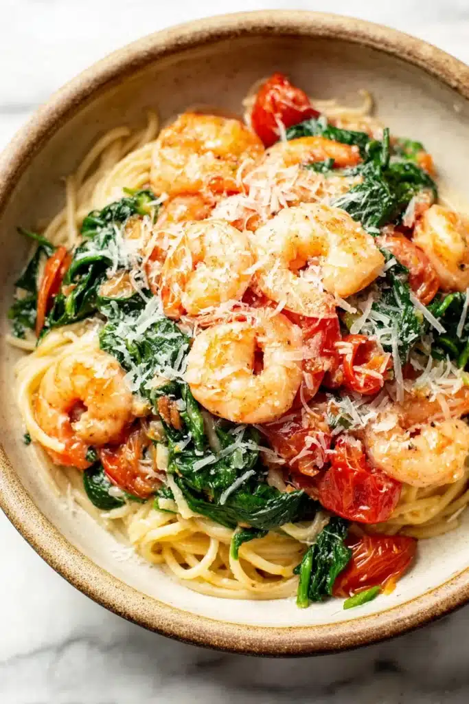 Tomato spinach shrimp pasta with parmesan, cherry tomatoes, and fresh spinach in a bowl