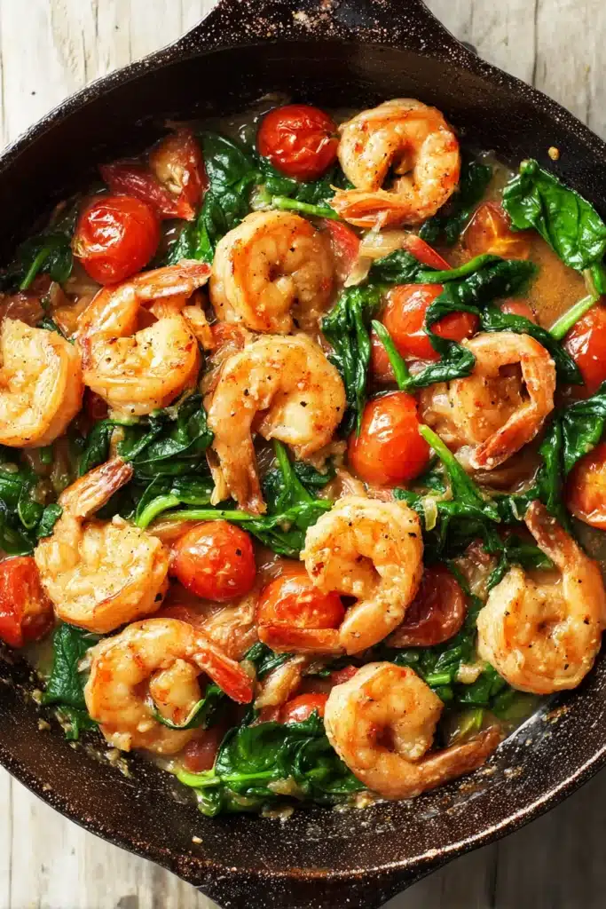 Tomato Spinach Shrimp Pasta with sautéed shrimp spinach and tomatoes in skillet