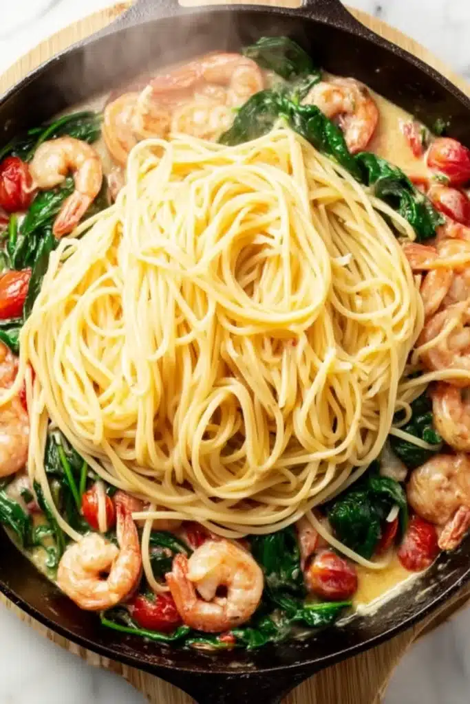 Tomato Spinach Shrimp Pasta with spaghetti added to skillet with shrimp and vegetables