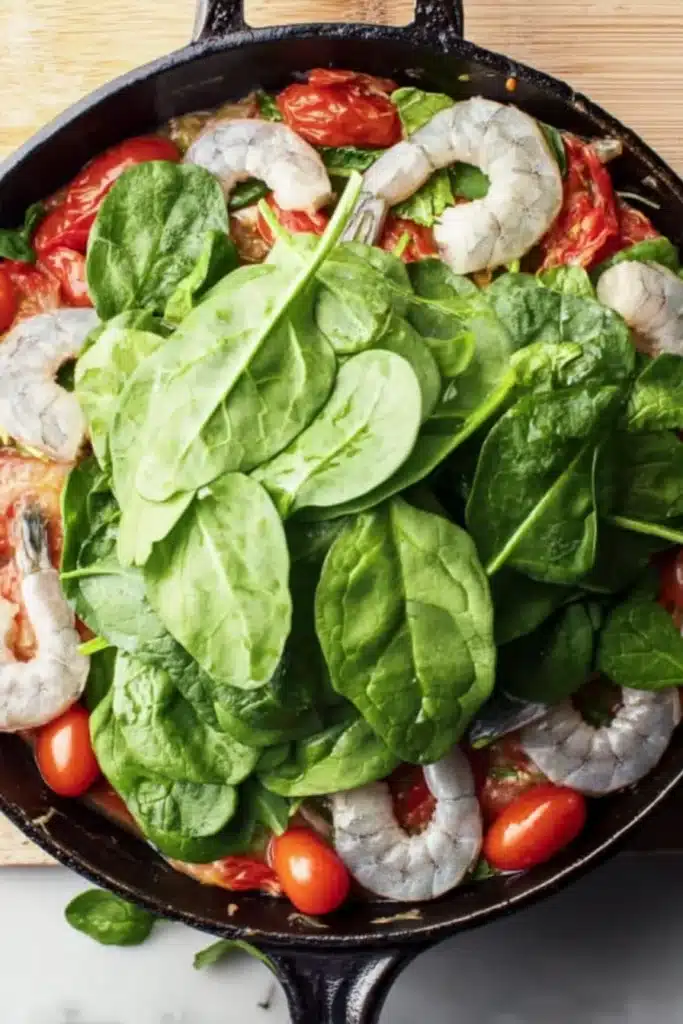 Tomato Spinach Shrimp Pasta ingredients with raw shrimp spinach and tomatoes in skillet