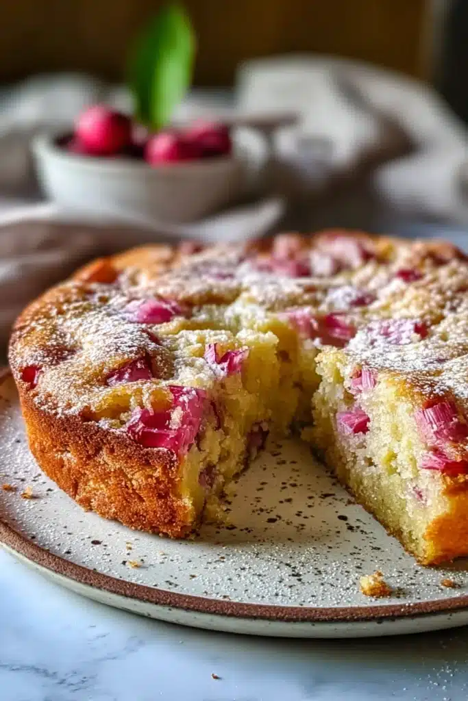 Traditional Norwegian Rhubarb Cake 1 Traditional Norwegian rhubarb cake with powdered sugar and soft fluffy texture