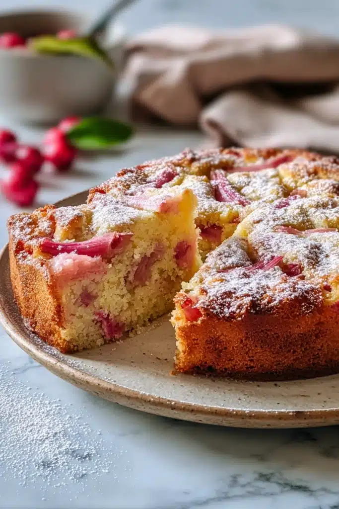 Traditional Norwegian Rhubarb Cake 2 Traditional Norwegian rhubarb cake with powdered sugar and soft fluffy texture