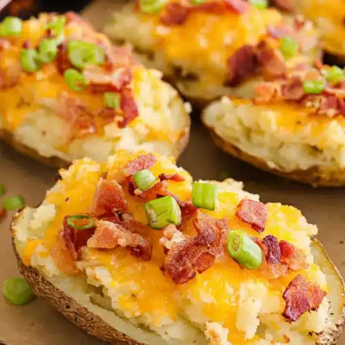 Twice Baked Potatoes Recipe for a Creamy, Cheesy Memorial Day Side 4 Twice baked potatoes with cheese, bacon, and green onions on rustic platter