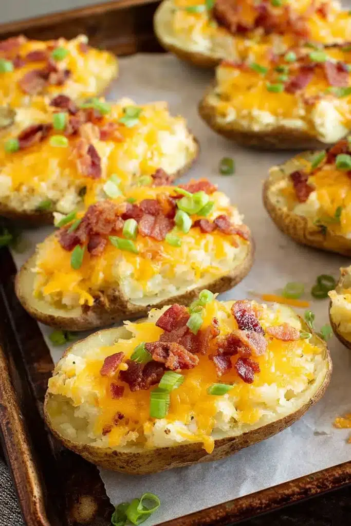 Twice Baked Potatoes Recipe for a Creamy, Cheesy Memorial Day Side 3 Twice Baked Potatoes with melted cheese bacon and green onions